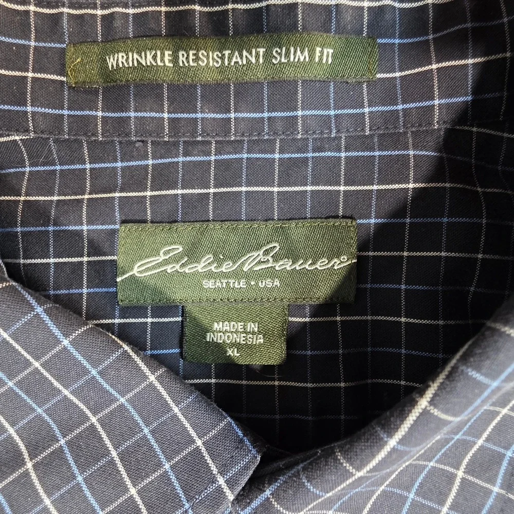 Eddie Bauer Mens XL Slim Fit Wrinkle Resistant Navy Windowpane Button Down Shirt - Picture 3 of 6